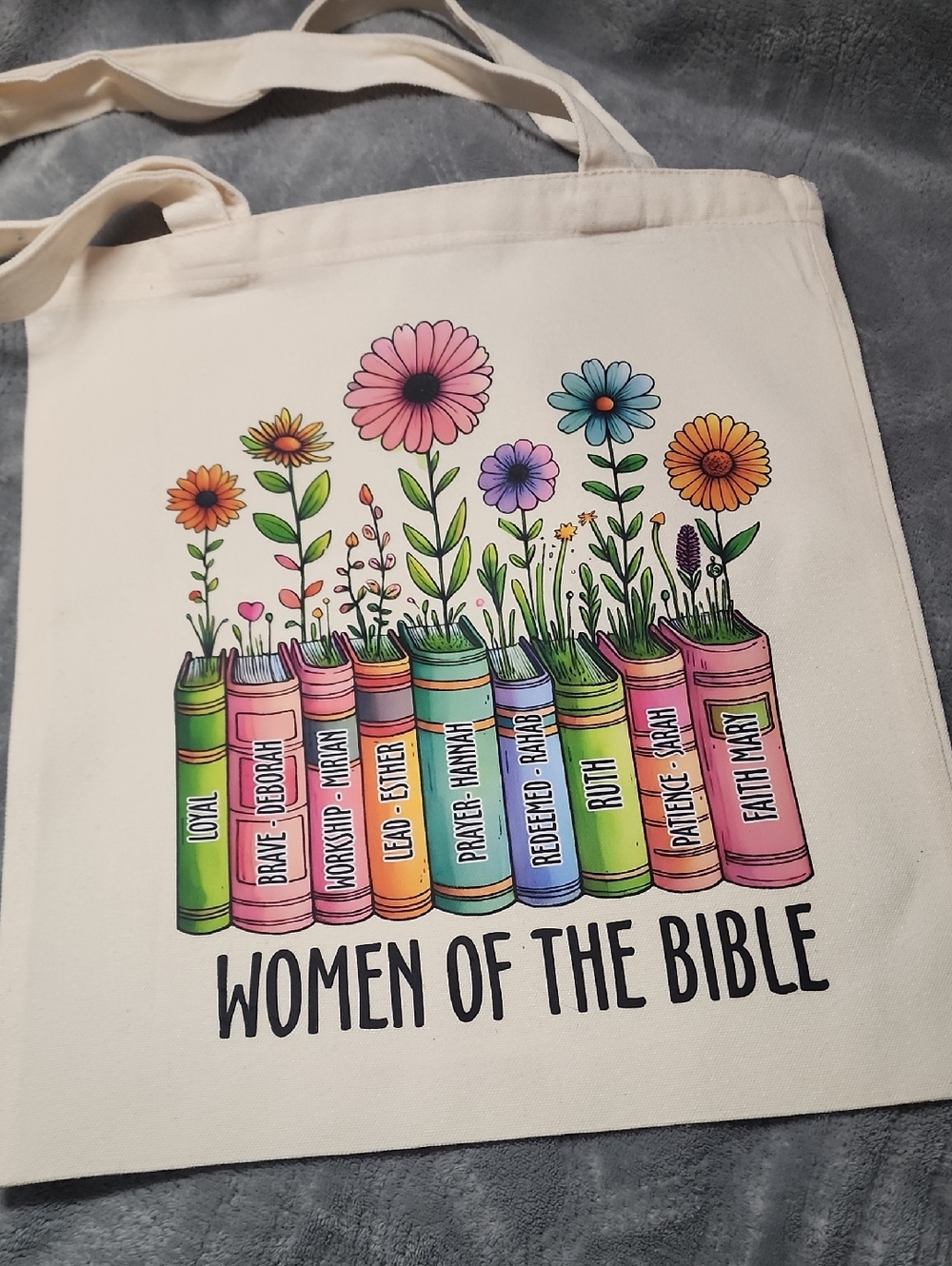 Women of the Bible Floral Canvas Tote Bag - Cream. 13x15
